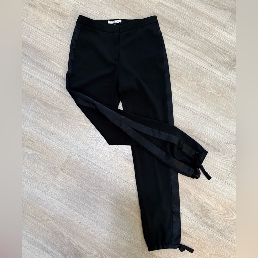 Halston Heritage Black Tuxedo Track Pants w/ Bows & Sequin Trim - Size 0
